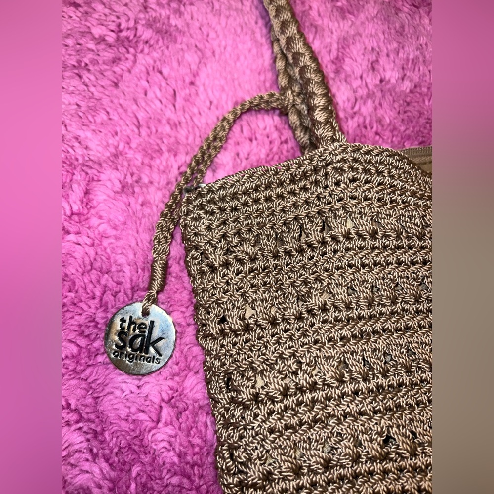 The Sak Originals Crochet Shoulder Purse Bag Lined Zip Closure Brown Beige - Picture 4 of 12